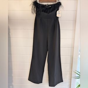 Elegant Black Feather Trim Jumpsuit